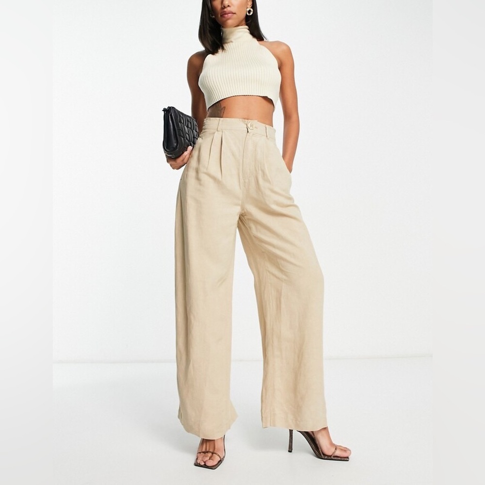 & Other Stories wide leg pants with pleat front in beige linen